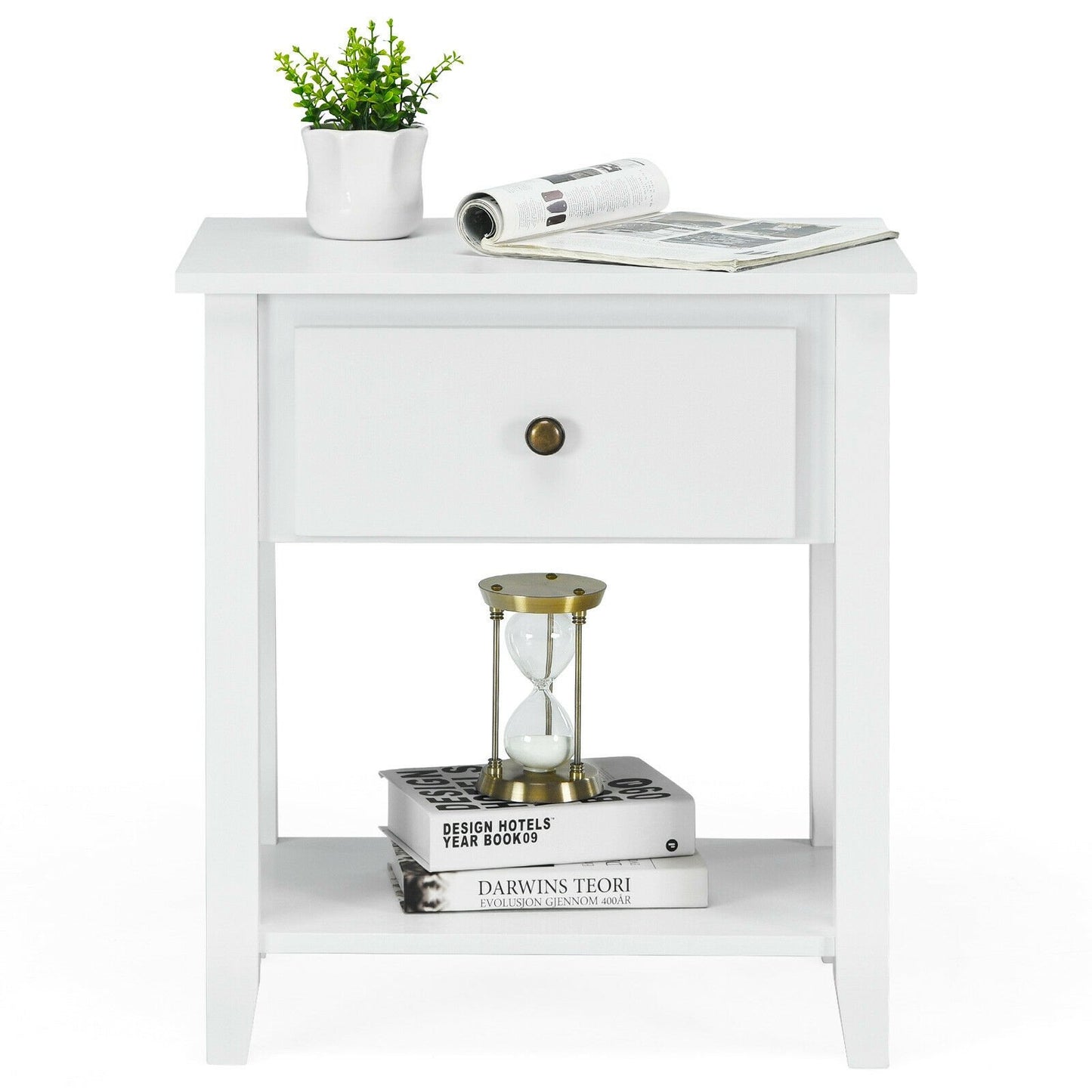 Nightstand with Drawer and Storage Shelf for Bedroom Living Room, White at Gallery Canada