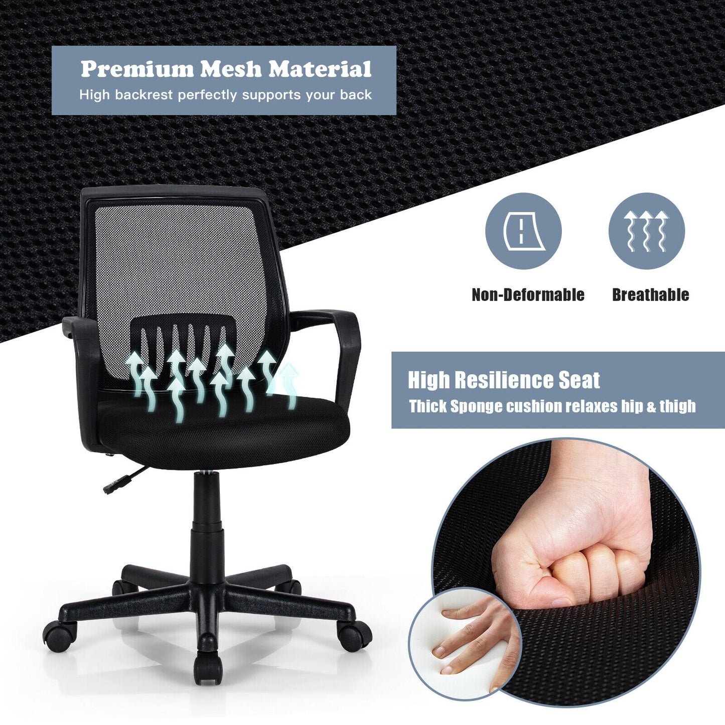 Mid-Back Mesh Executive Chair, Height Adjustable, Lumbar Support, Black Mesh Chairs at Gallery Canada