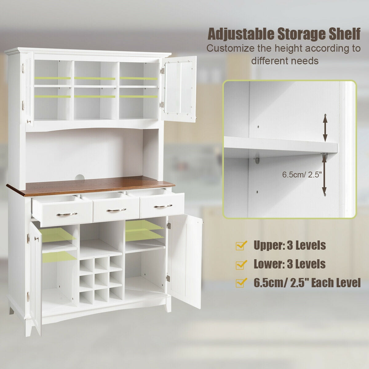 Wood Buffet Hutch Cabinet, 3 Large Drawers, White Sideboards Cabinets & Buffets at Gallery Canada