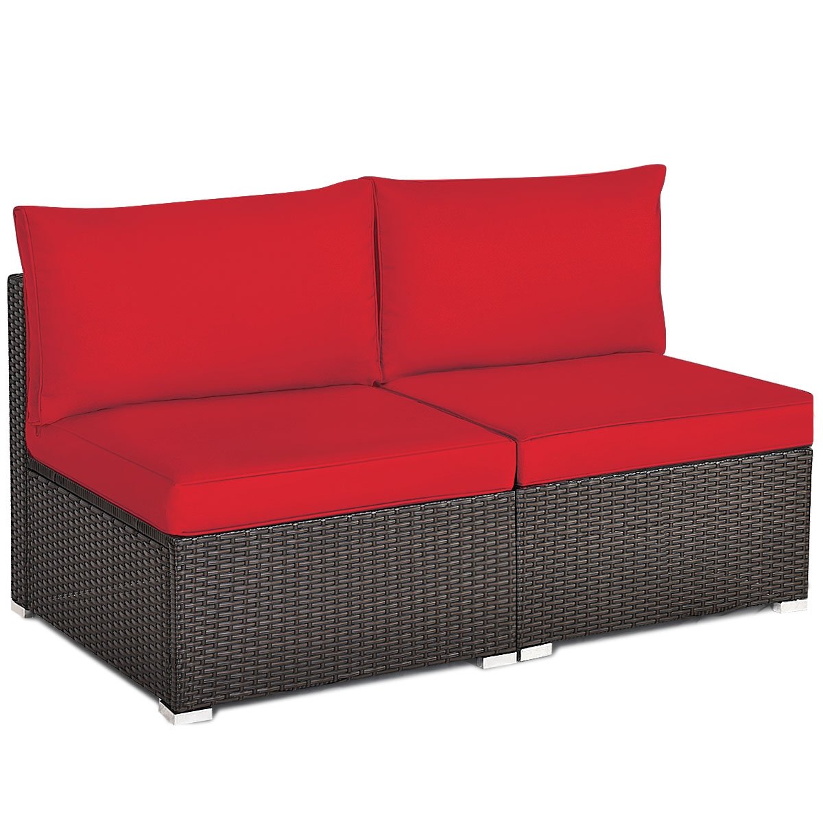2 Pieces Patio Rattan Armless Sofa Set with 2 Cushions and 2 Pillows, Red at Gallery Canada