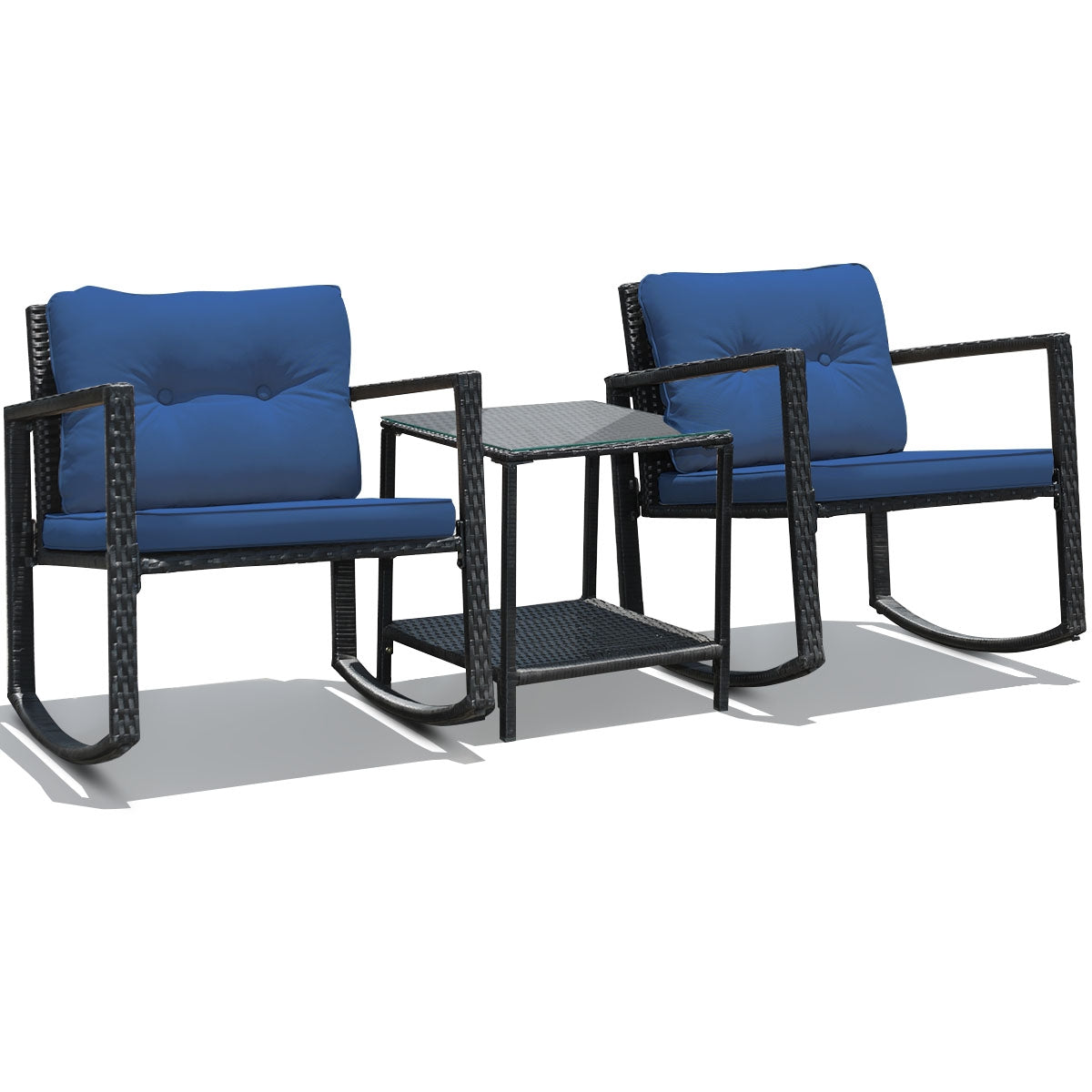 3 Pcs Patio Rattan Rocking Chair, Cushioned Sofa, Navy Patio Conversation Sets at Gallery Canada