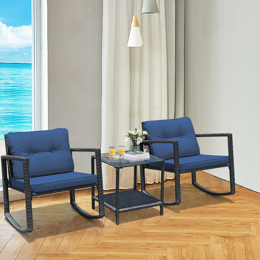 3 Pcs Patio Rattan Rocking Chair, Cushioned Sofa, Navy Patio Conversation Sets Navy at Gallery Canada