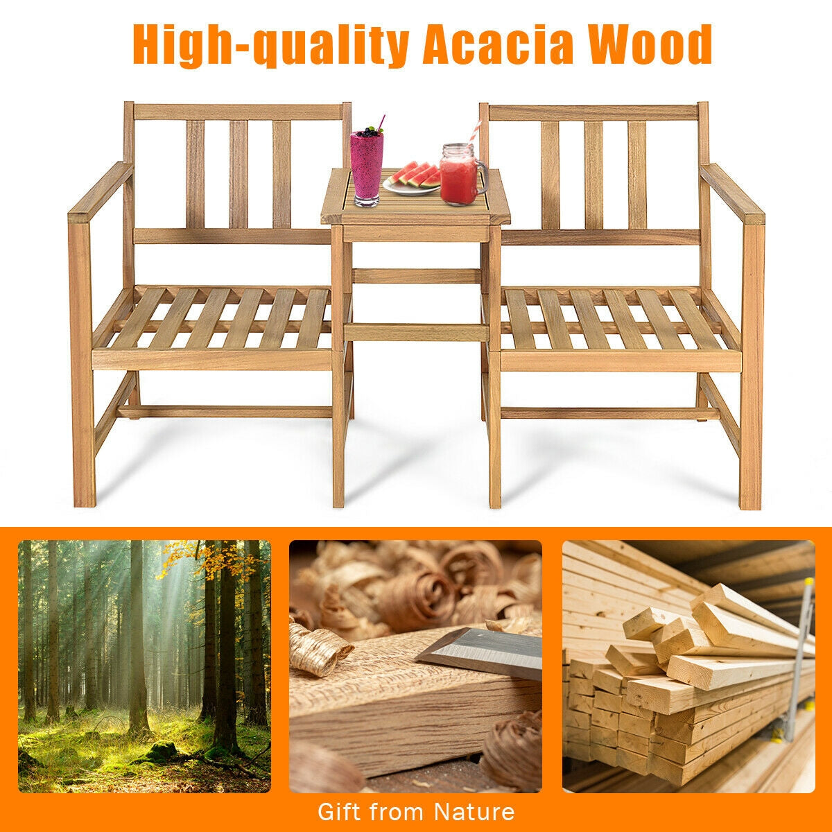3-In-1 Acacia Wood Loveseat, With Separable Coffee Table, Natural Patio Conversation Sets at Gallery Canada