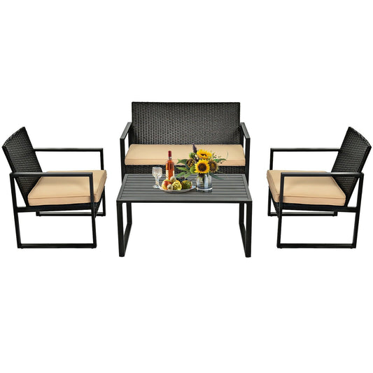 4 Pieces Patio Rattan Furniture Set Cushioned Sofa Coffee Table Garden Deck, Brown