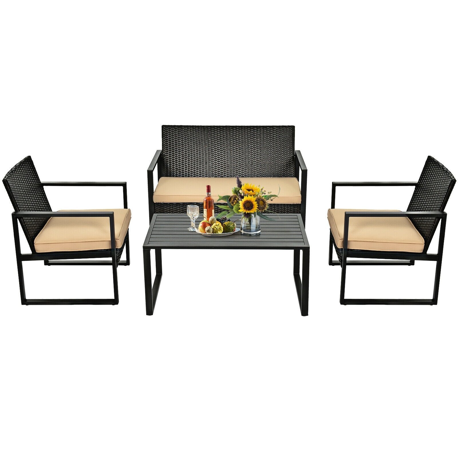 4 Pieces Patio Rattan Furniture Set Cushioned Sofa Coffee Table Garden Deck, Brown at Gallery Canada