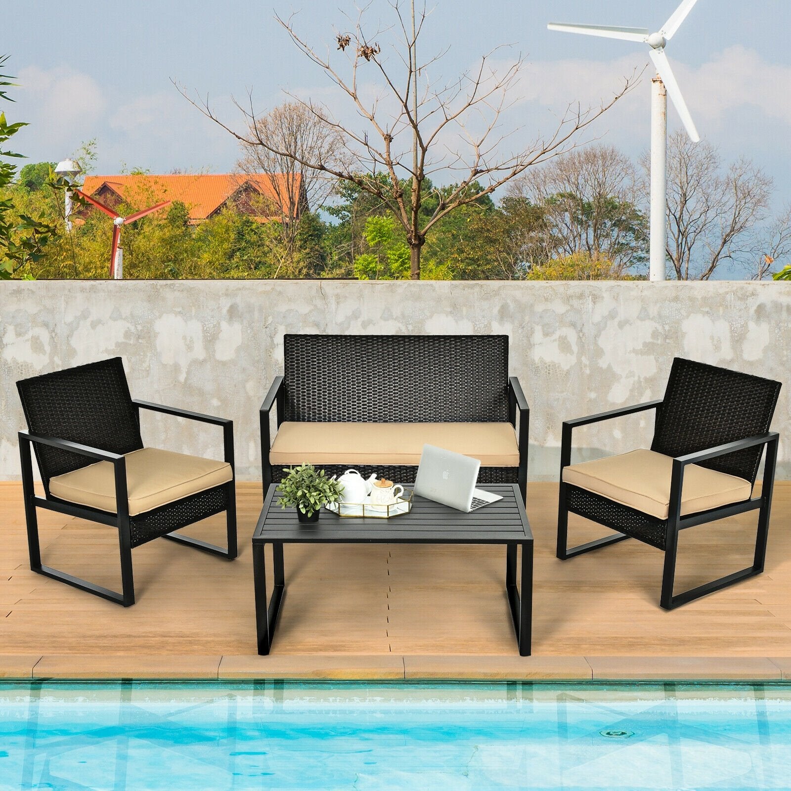 4 Pieces Patio Rattan Furniture Set Cushioned Sofa Coffee Table Garden Deck, Brown at Gallery Canada