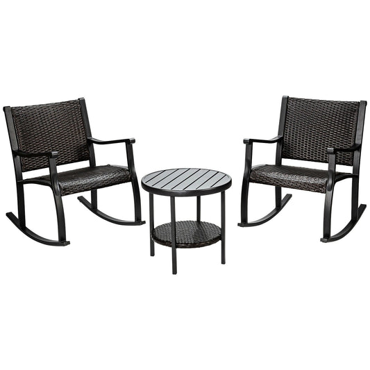3 Pieces Patio Rattan Furniture Set with Coffee Table and Rocking Chairs, Black