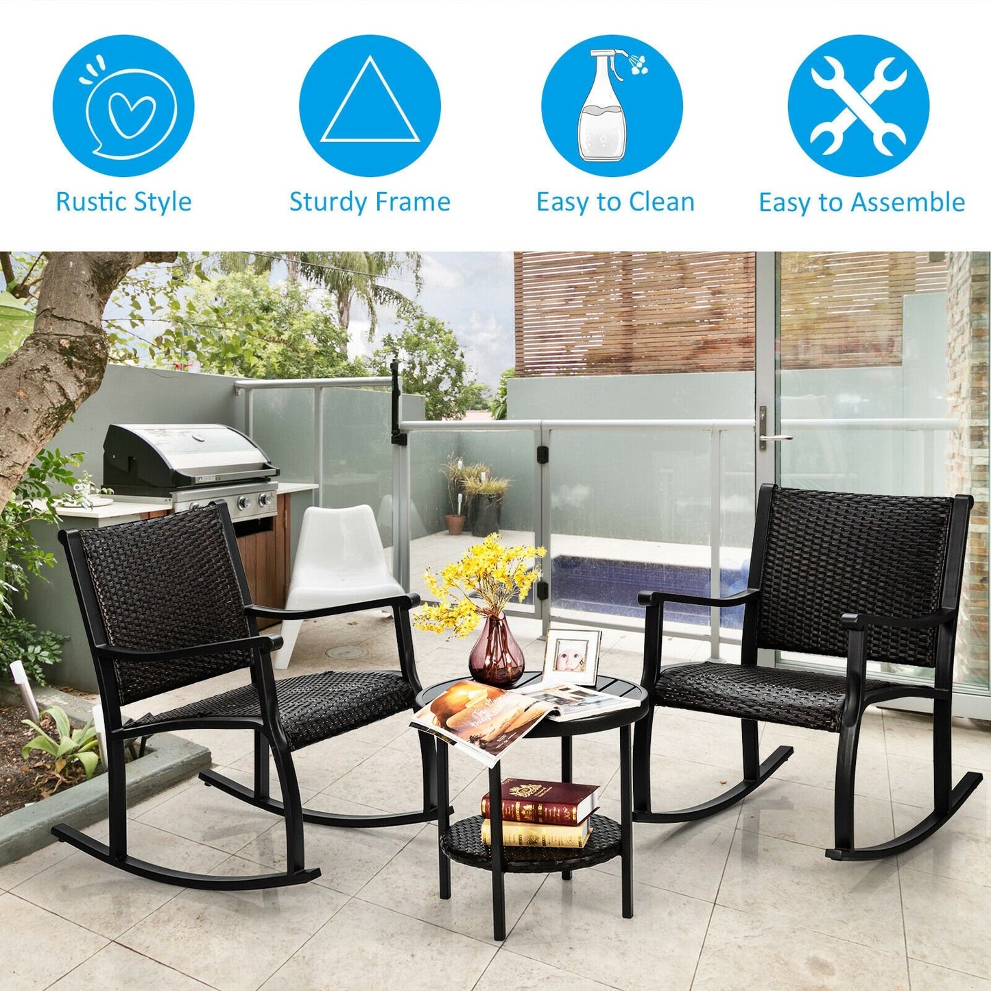 3 Pieces Patio Rattan Furniture Set with Coffee Table and Rocking Chairs, Black at Gallery Canada