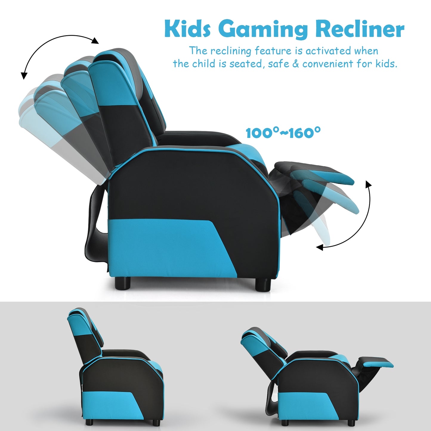 Kids Youth PU Leather Gaming Sofa Recliner with Headrest and Footrest, Blue Kids Chairs & Seating at Gallery Canada