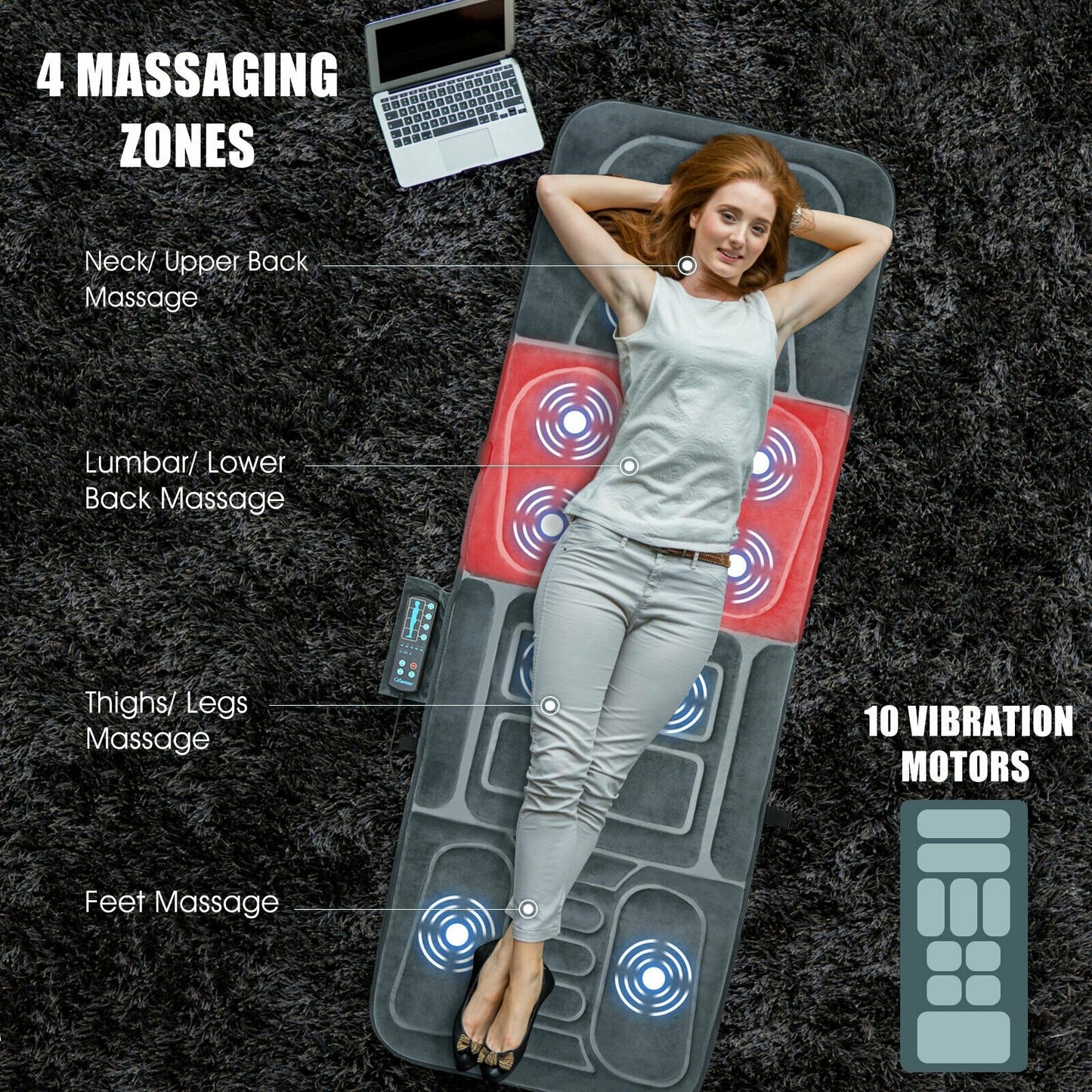Foldable Massage Mat with Heat and 10 Vibration Motors, Gray