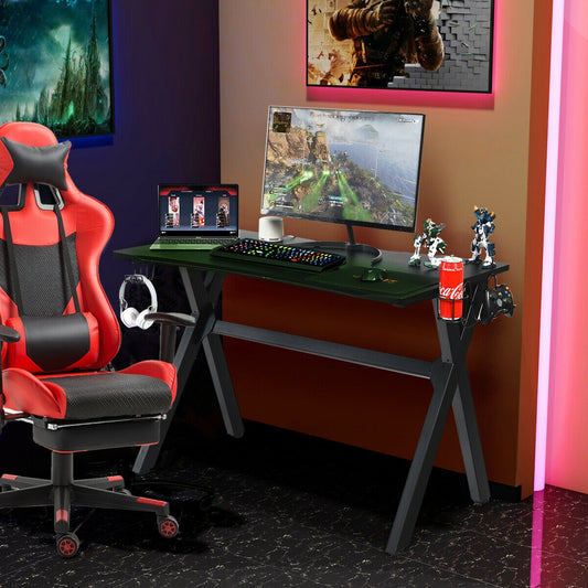 Ergonomic Gaming Desk with Mousepad and Cup Headphone Holder, Black Gaming Desks Black at Gallery Canada