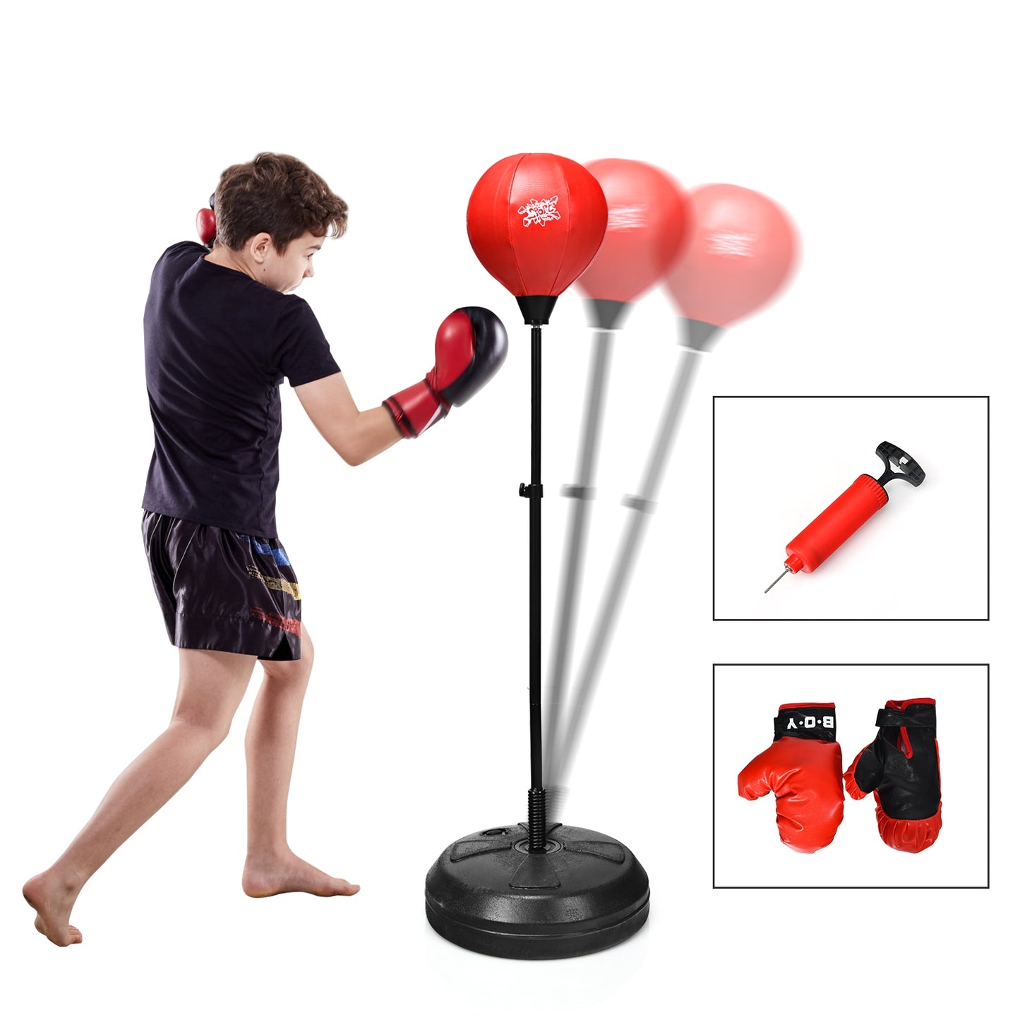 Adjustable Height Punching Bag With Stand, Boxing Gloves, Black Red