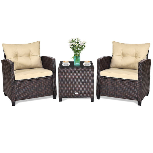3 Pieces Patio Rattan Furniture Set with 4 Removable Cushions, Beige