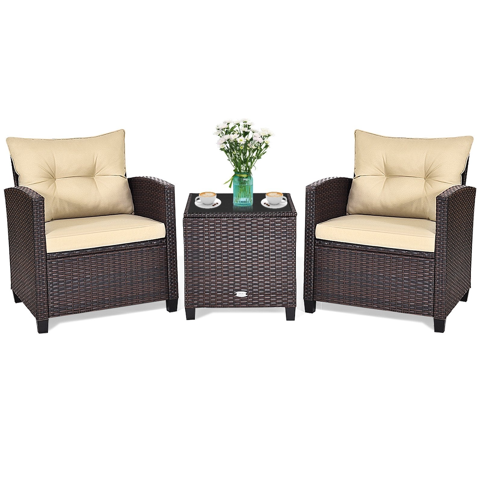 3 Pieces Patio Rattan Furniture Set with 4 Removable Cushions, Beige at Gallery Canada
