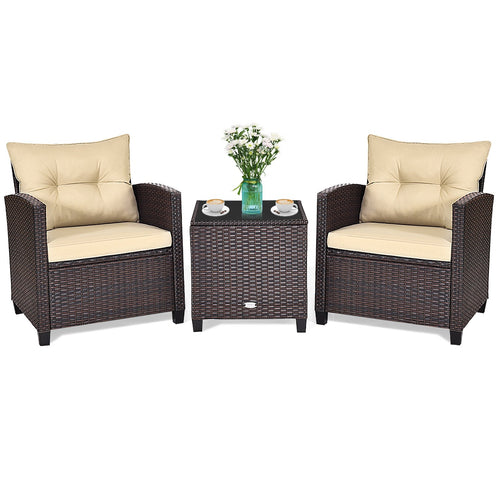 3 Pieces Patio Rattan Furniture Set with 4 Removable Cushions, Beige