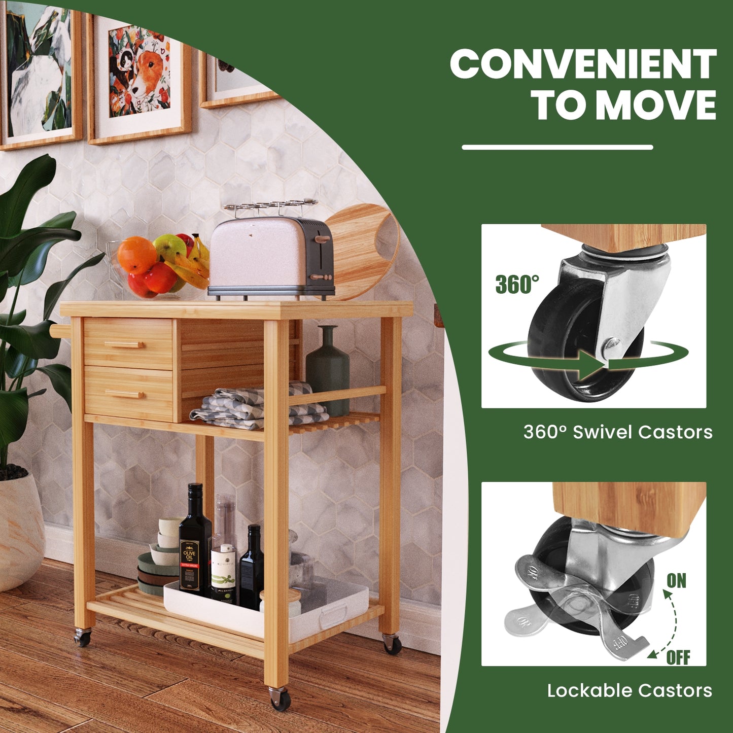 Bamboo Kitchen Cart With Tower Rack, Drawers, Natural Kitchen Islands & Carts at Gallery Canada