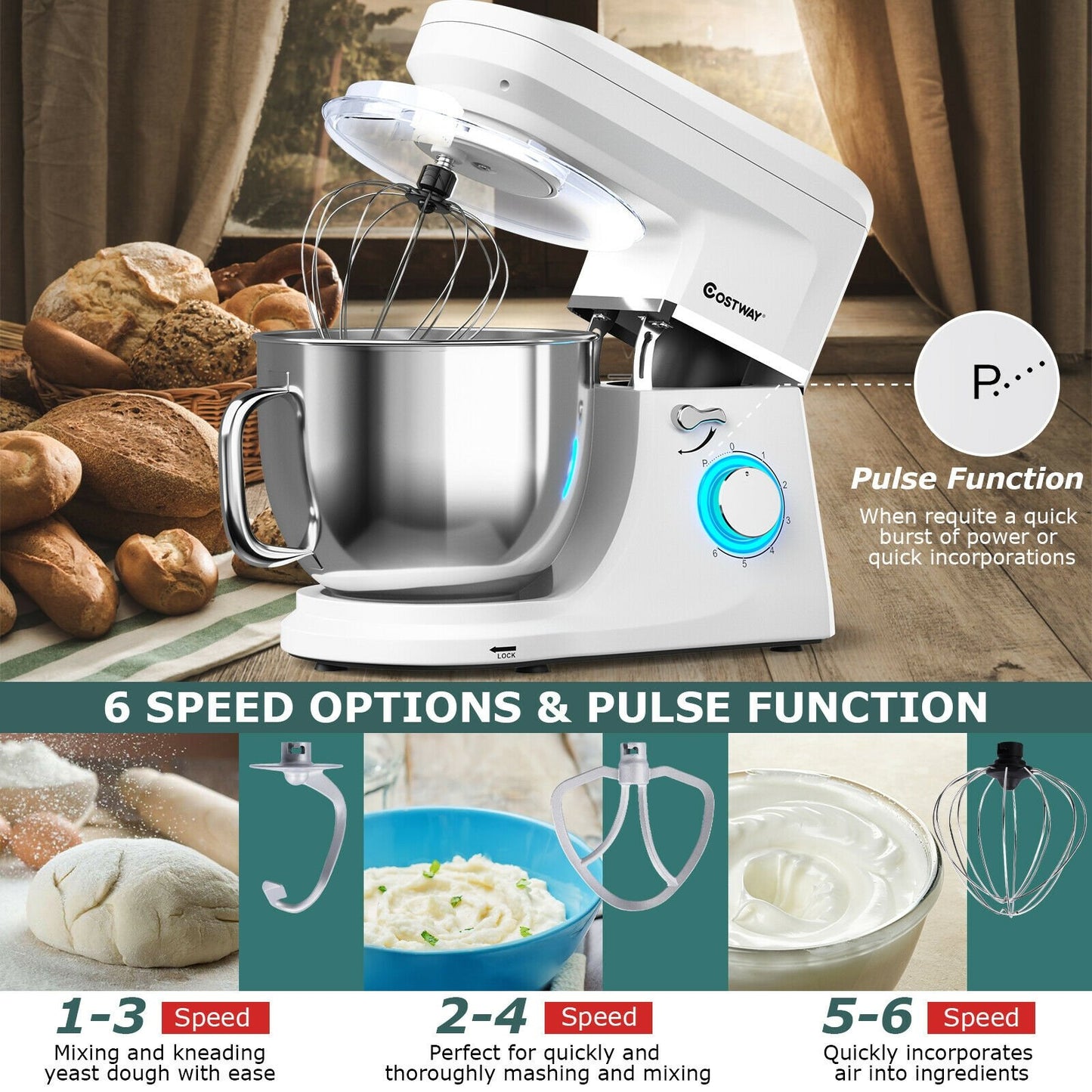 7.5 QT Tilt-Head Stand Mixer 6 Speed 660W with Dough Hook Beater , White at Gallery Canada