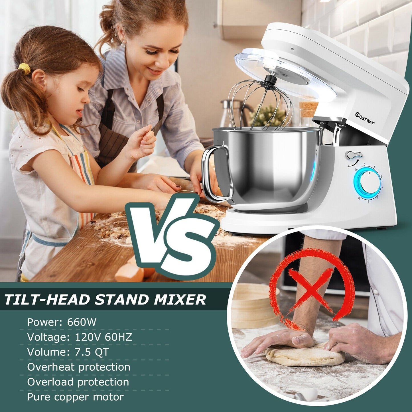 7.5 QT Tilt-Head Stand Mixer 6 Speed 660W with Dough Hook Beater , White at Gallery Canada