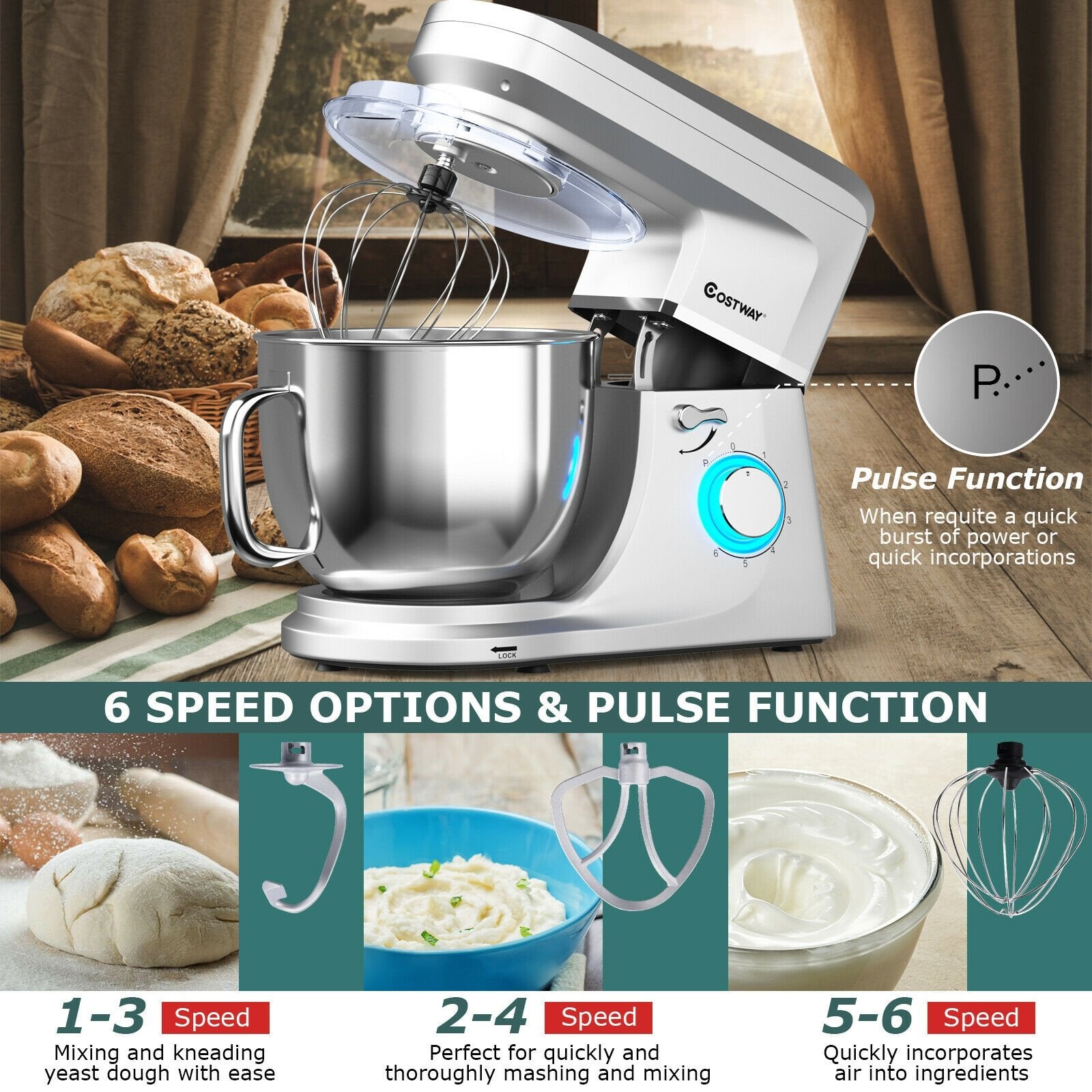 7.5 QT Tilt-Head Stand Mixer 6 Speed 660W with Dough Hook Beater , Silver at Gallery Canada