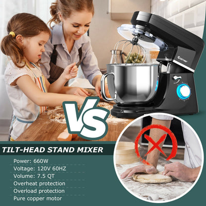7.5 QT Tilt-Head Stand Mixer 6 Speed 660W with Dough Hook Beater , Black at Gallery Canada