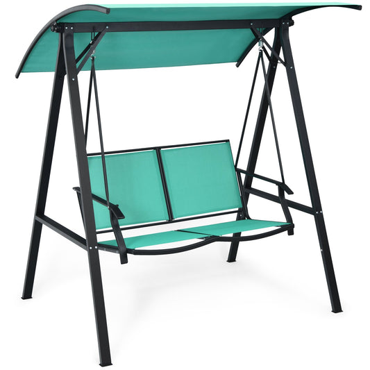 Outdoor Porch Steel Hanging 2-Seat Swing Loveseat with Canopy, Turquoise