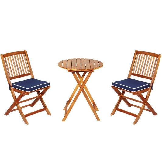 3 Pieces Patio Folding Wooden Bistro Set Cushioned Chair, Navy at Gallery Canada