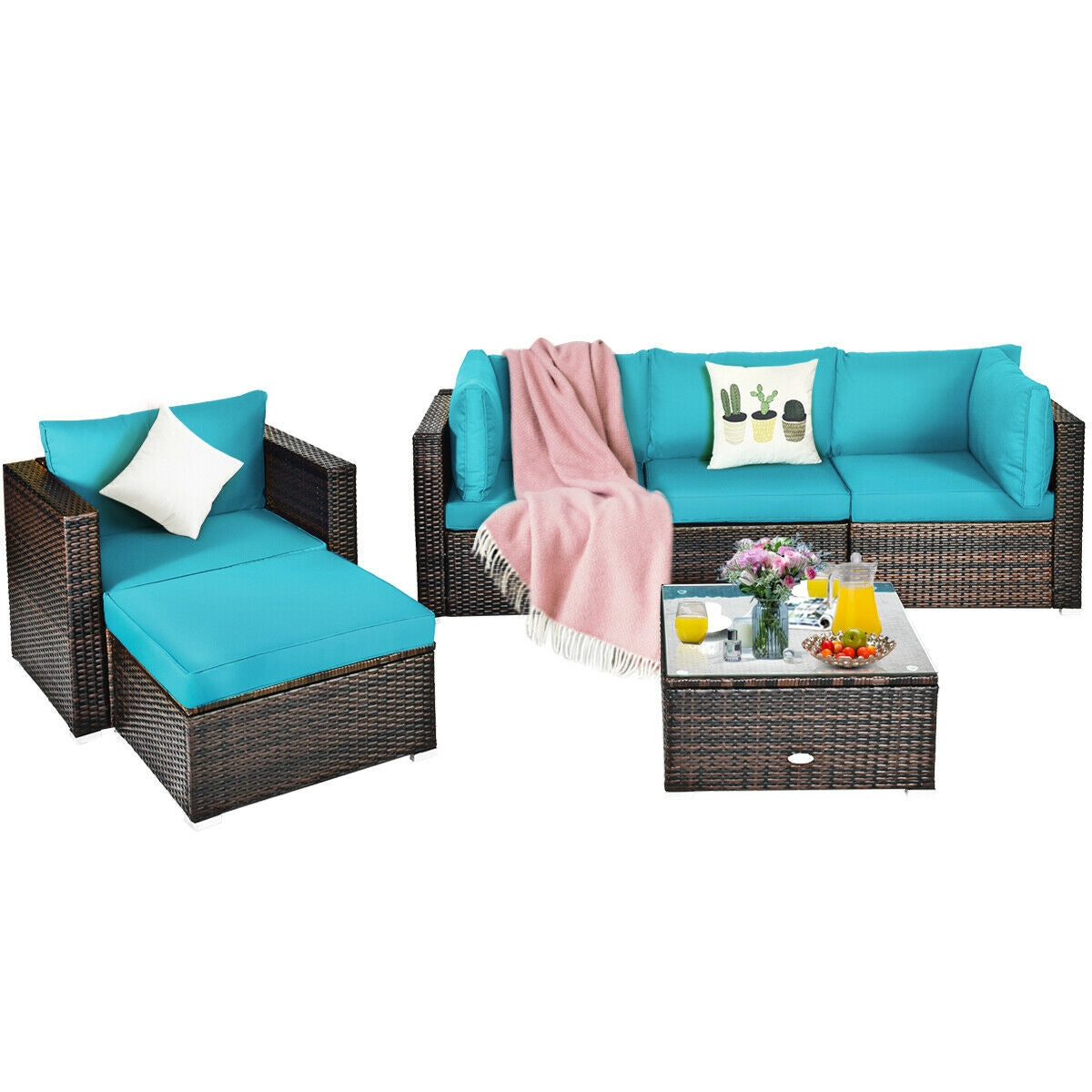 6 Pieces Patio Rattan Furniture Set with Sectional Cushion, Turquoise Outdoor Sectionals at Gallery Canada