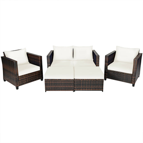 5 Pieces Patio Cushioned Rattan Furniture Set, White
