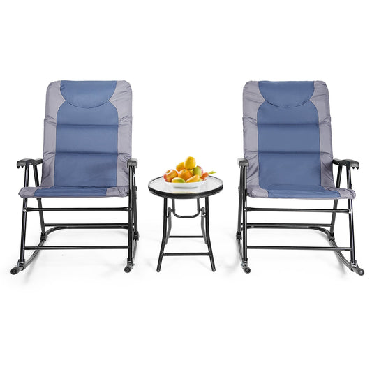 3 Pieces Outdoor Folding Rocking Chair Table Set with Cushion, Blue