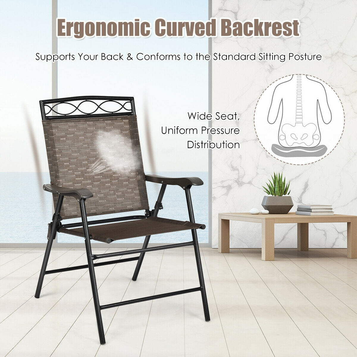 2 Patio Folding Chairs, Portable Dining Chair Set, Brown