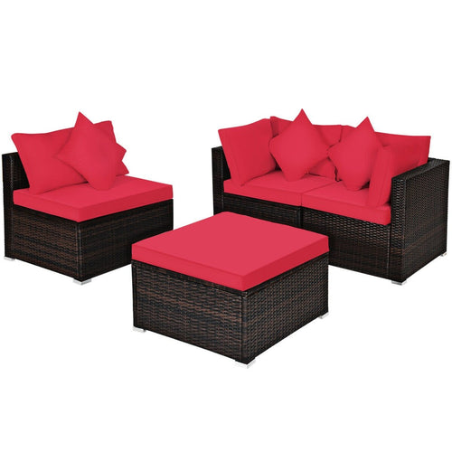 4 Pcs Ottoman Garden Deck Patio Rattan Wicker Furniture Set Cushioned Sofa, Red
