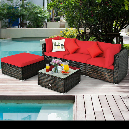 5 Pcs Outdoor Patio Rattan Sectional Set With Cushions, Red