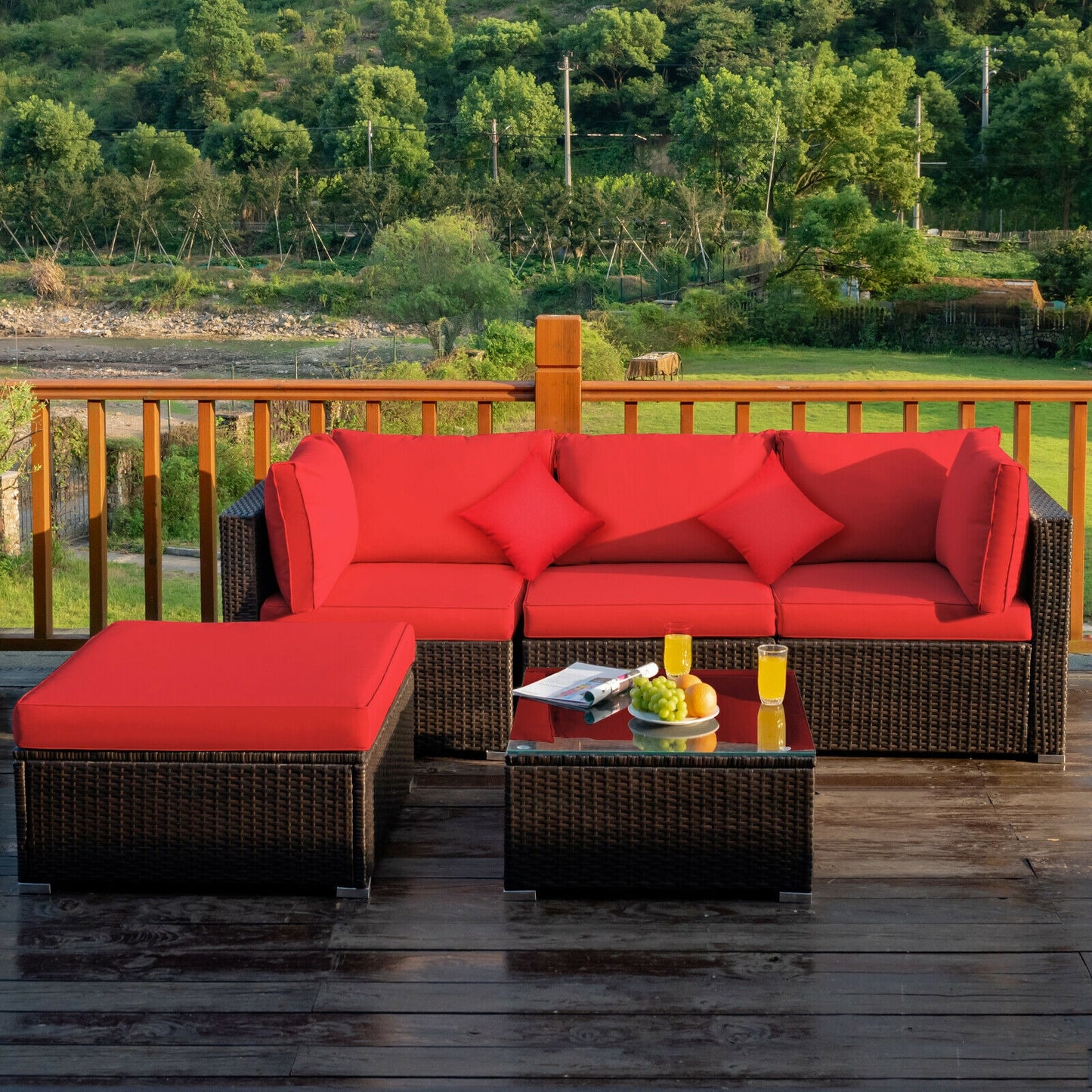 5 Pcs Outdoor Patio Rattan Furniture Set Sectional Conversation with Cushions, Red Outdoor Sectionals at Gallery Canada