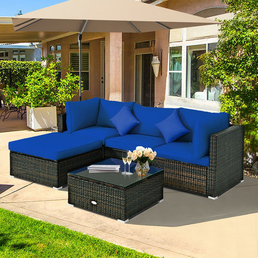 5 Pcs Outdoor Patio Rattan Furniture Set, Navy Outdoor Sectionals Navy at Gallery Canada
