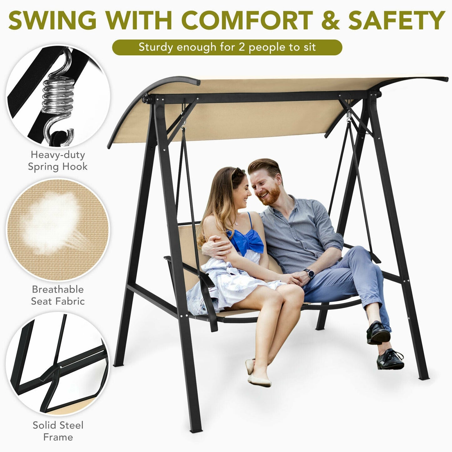 2 Person Patio Swing, Weather Resistant Glider, Adjustable Canopy, Beige