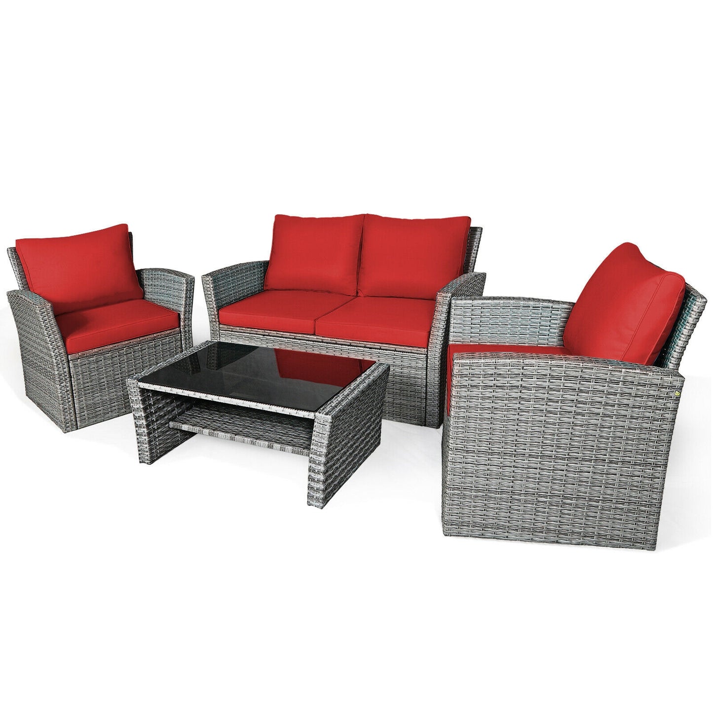 4 Piece Patio Rattan Furniture Set, Sofa Table With Storage Shelf, Red