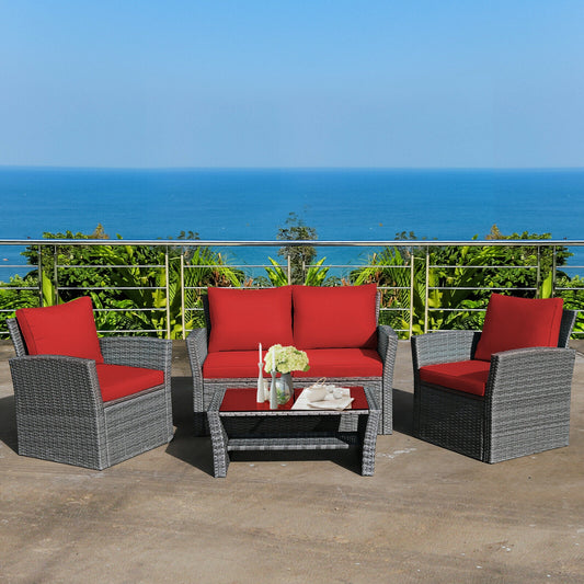 4 Pieces Patio Rattan Furniture Set Sofa Table with Storage Shelf Cushion, Red Patio Conversation Sets Red at Gallery Canada