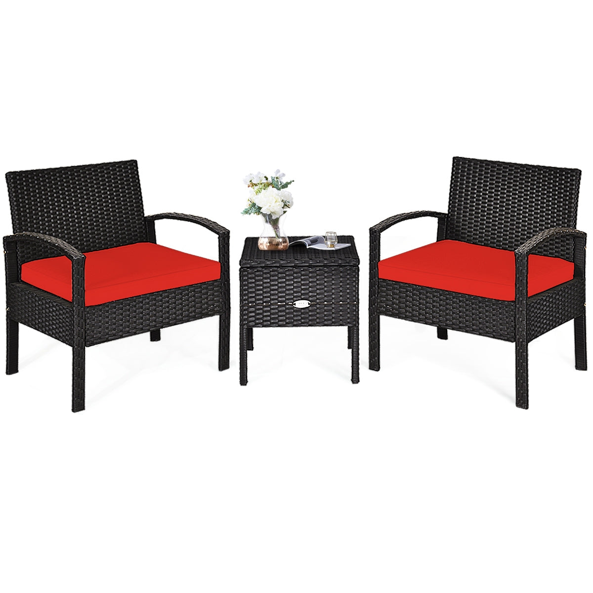 3 Piece PE Rattan Wicker Sofa Set with Washable and Removable Cushion for Patio, Red Patio Conversation Sets at Gallery Canada