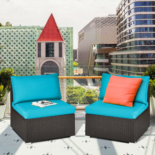 2 Piece Patio Rattan Armless Sofa Set, With Cushions And Pillows, Blue Outdoor Sectionals Blue at Gallery Canada