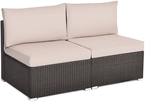2 Pieces Patio Rattan Armless Sofa Set with 2 Cushions and 2 Pillows, Brown
