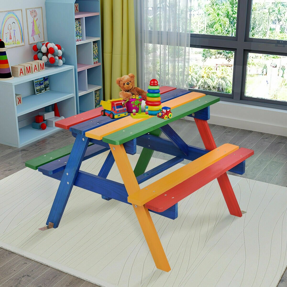 4 Seat Kids Picnic Table with Umbrella, Multicolor