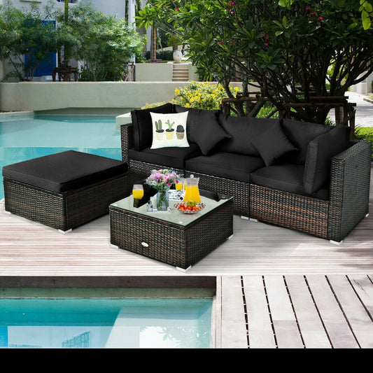 5 Pcs Outdoor Rattan Furniture Set, Sectional Conversation With Cushions, Black Outdoor Sectionals Black at Gallery Canada