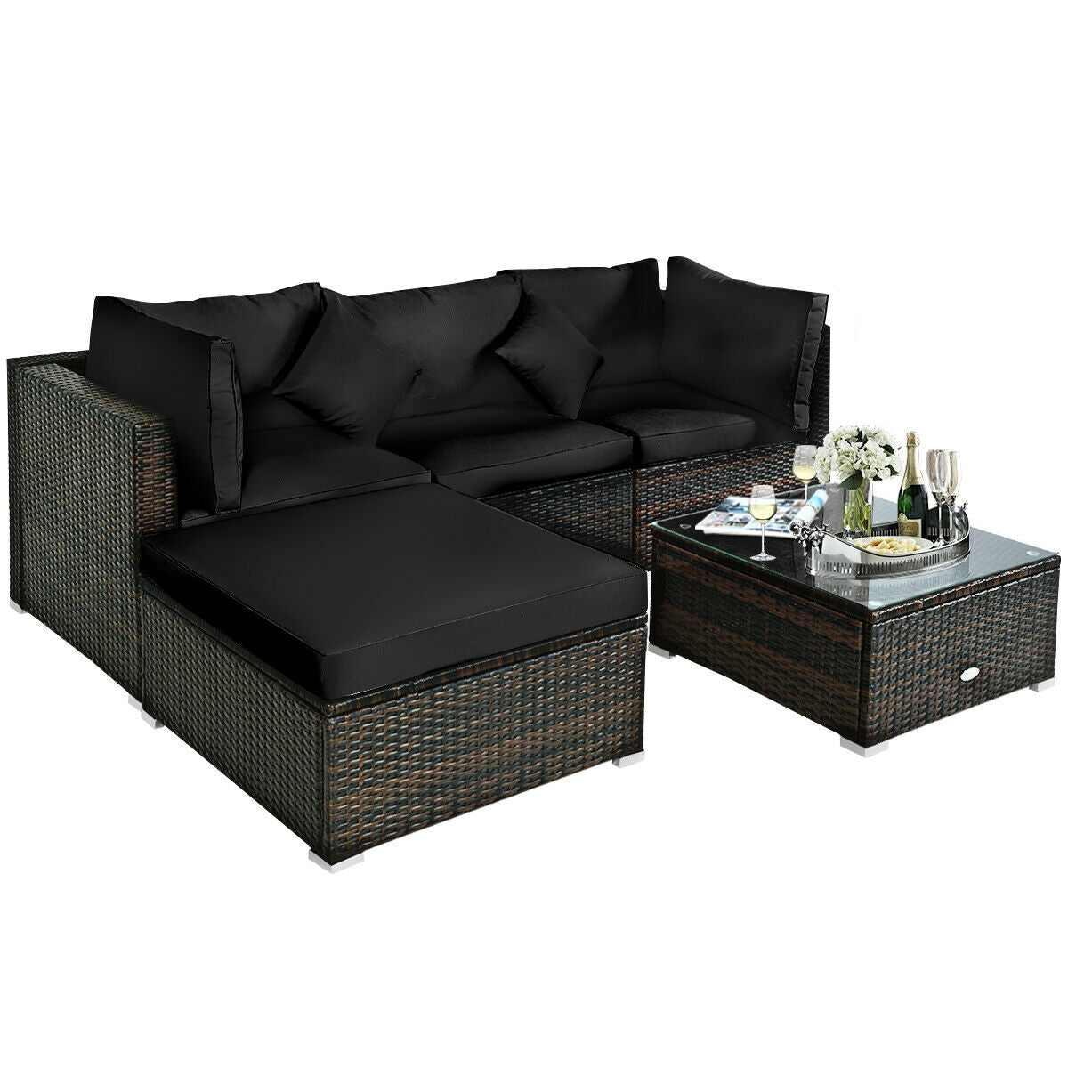 5 Pcs Outdoor Rattan Furniture Set, Sectional Conversation With Cushions, Black