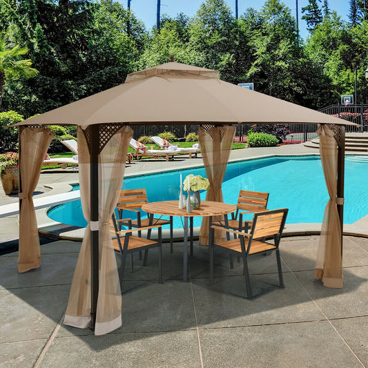 12x10 Feet Outdoor Double Top Patio Gazebo With Netting, Brown
