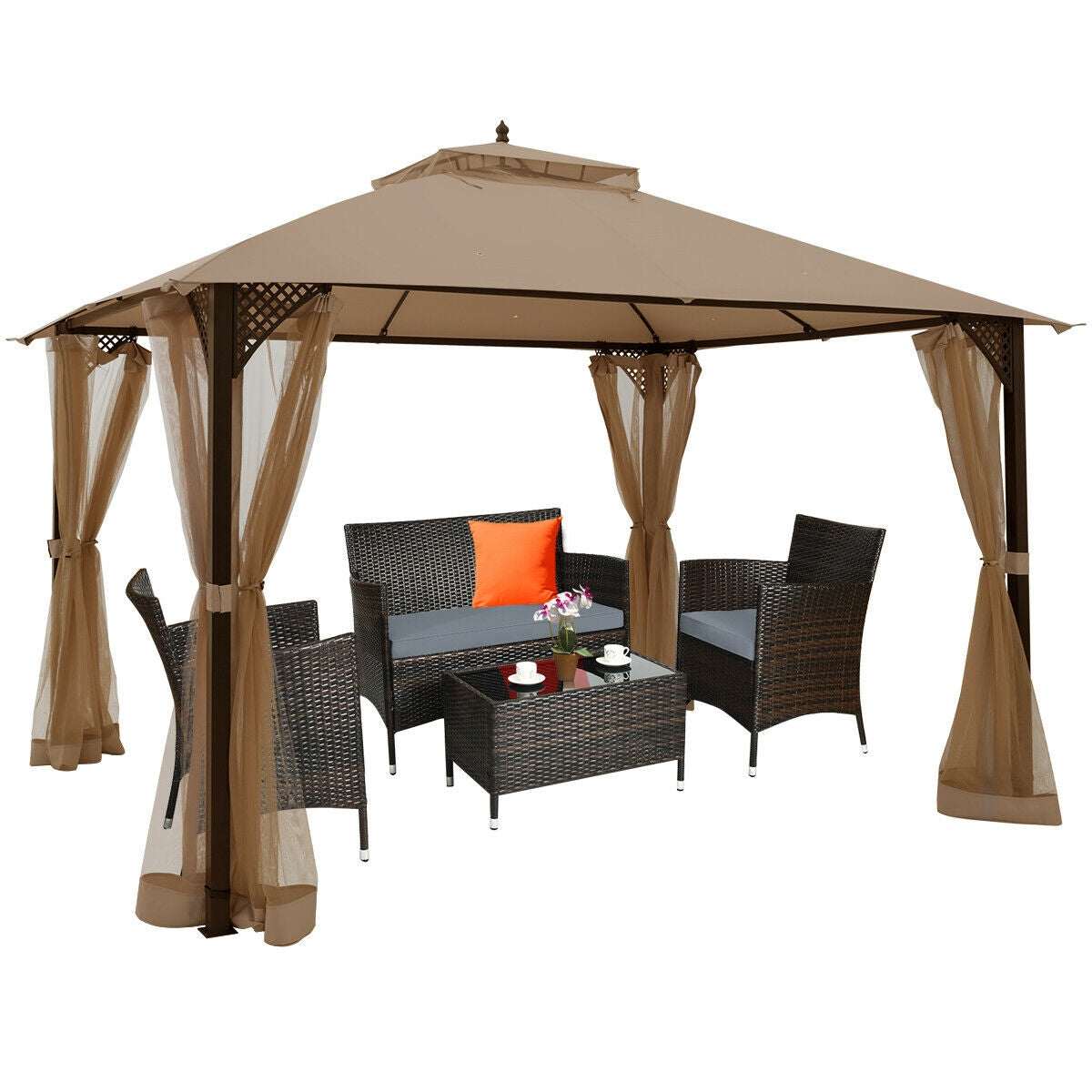 12x10 Feet Outdoor Double Top Patio Gazebo With Netting, Brown