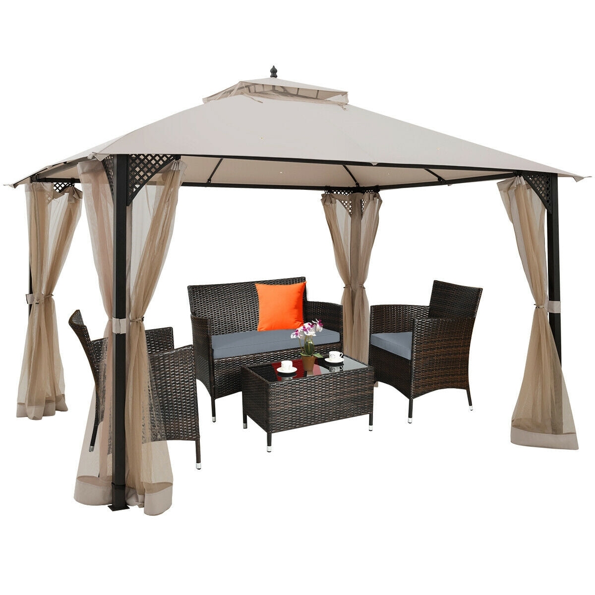 12’ x 10’Outdoor Double Top Patio Gazebo, Beige Gazebos at Gallery Canada