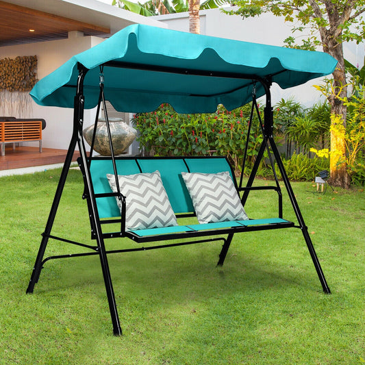 3 Person Patio Swing, Polyester Adjustable Canopy, Steel Frame, Blue Porch Swings Blue at Gallery Canada