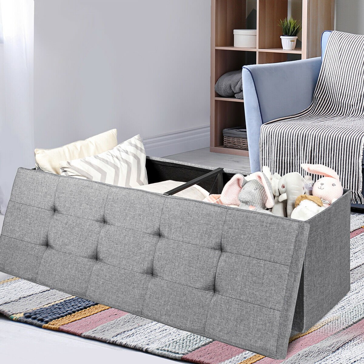 Large Fabric Folding Storage Chest with Smart lift Divider Bed End Ottoman Bench, Light Gray