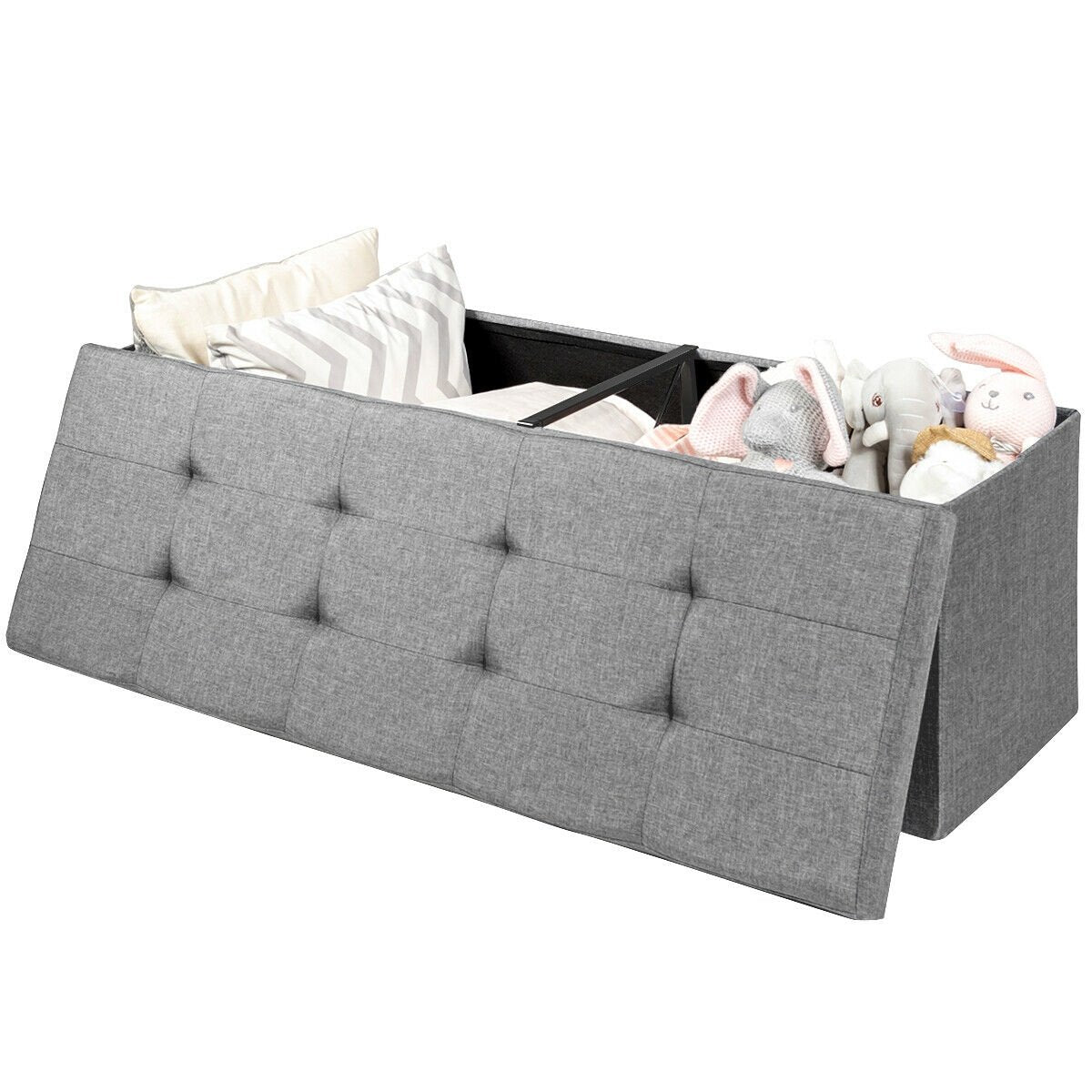Large Fabric Folding Storage Chest with Smart lift Divider Bed End Ottoman Bench, Light Gray