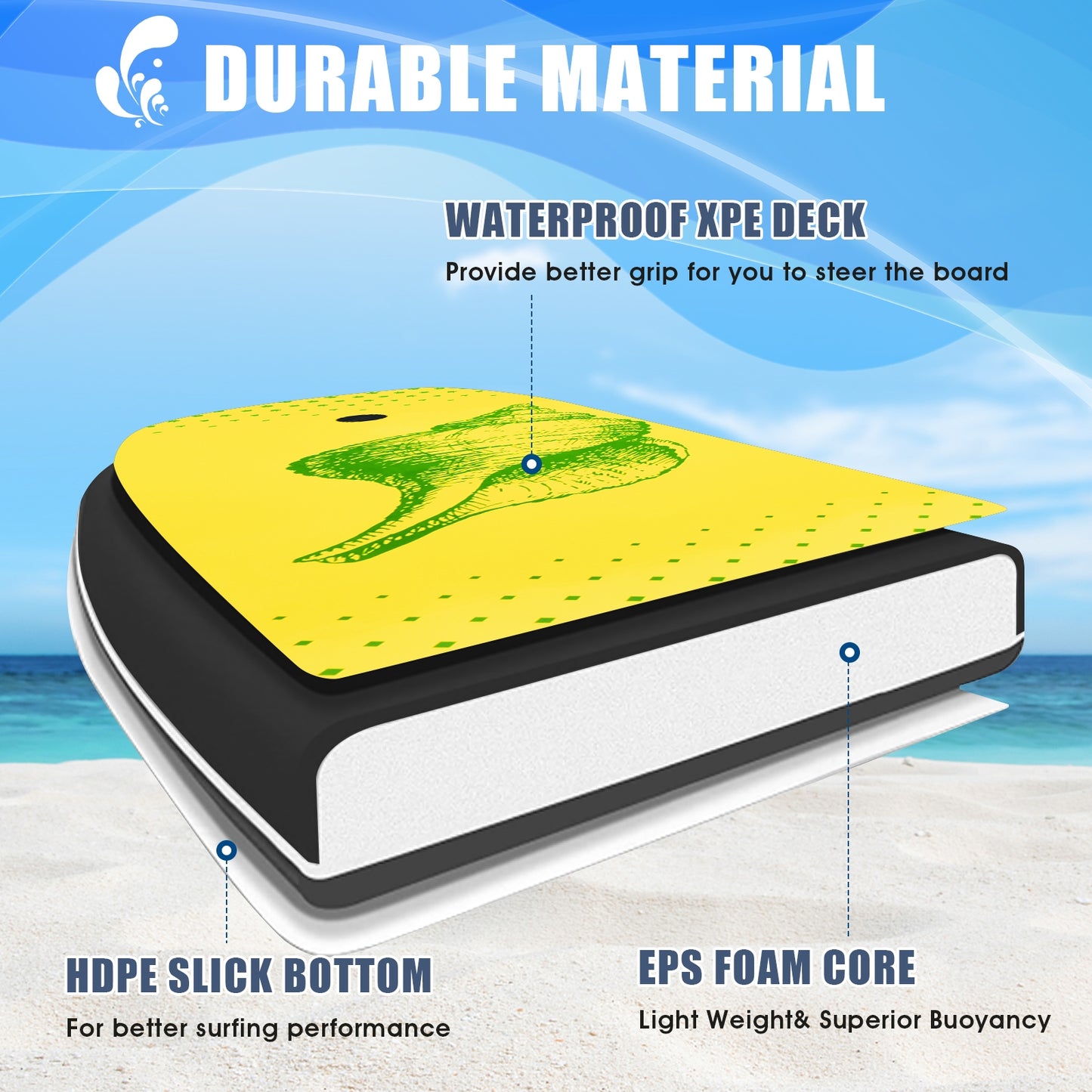 Lightweight Surfing Bodyboard, L, Yellow